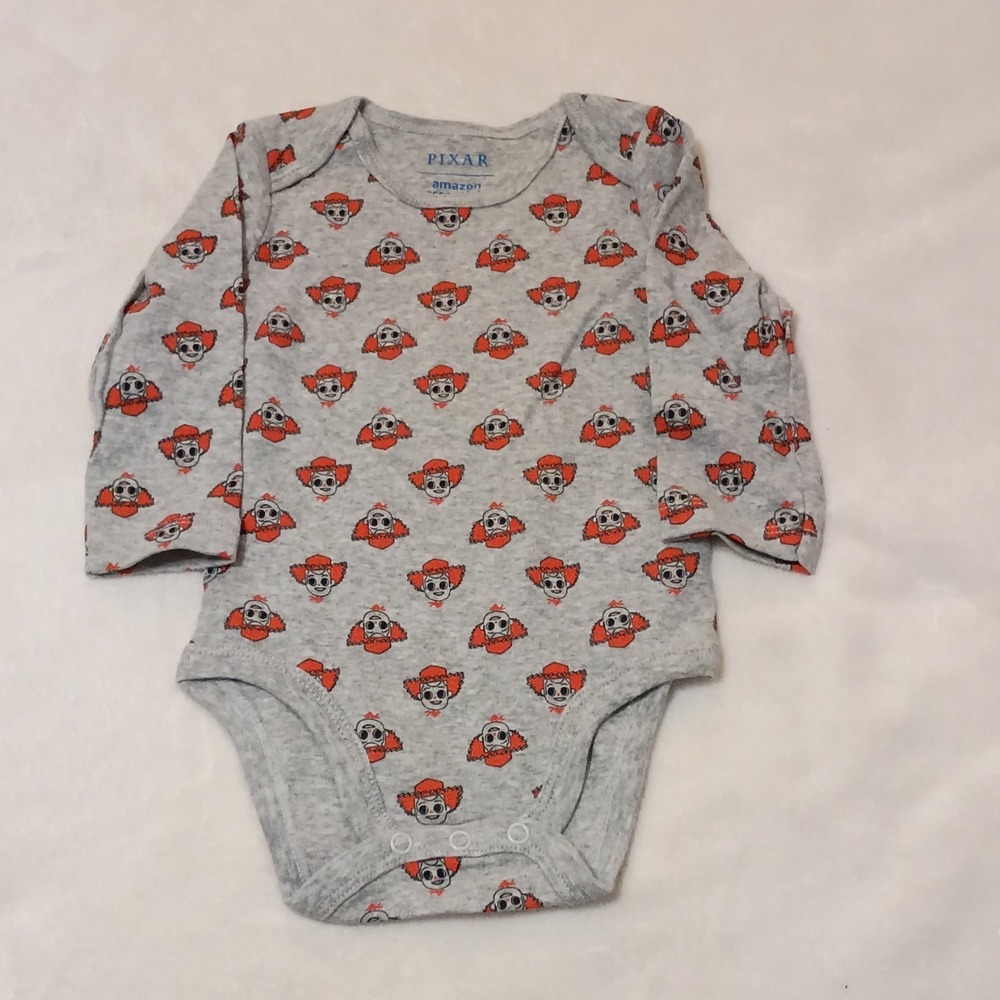 Amazon Essentials Pixar Bodysuit One-Piece Gray Orange Clown 12M Long Sleeve